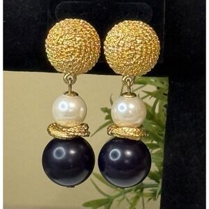 Vintage Gold-Tone Pearl Black Dangle Earrings Textured Drop Jewelry